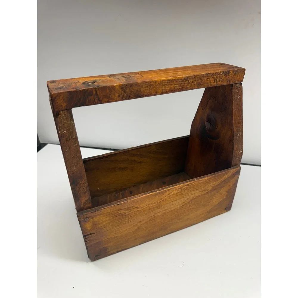 Vintage Handmade Wooden Tool Box Caddy Rustic Primitive Storage Carrier Brown